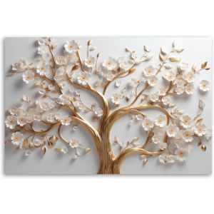 Tableau Décoration Murale 3D Fleur - 30x20 cm - Motif floral - Peinture sur toile - arbre doré à fleurs blanches 3 - Feeby