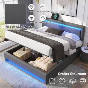 Lit coffre - TKOPY - Lit adulte double 140x190 cm avec LED et USB - Lit rembourré avec charge sans fil et rangement - PU Gris