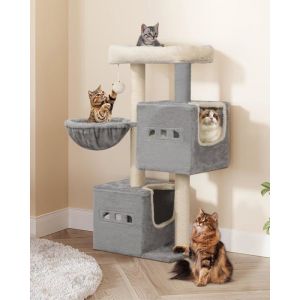 98 cm Arbre à Chat Petit Arbre a Chat Meubles de Maison pour Chat avec 2 Grottes Arbre à Chat en Sisal Hamac Grotte Gris