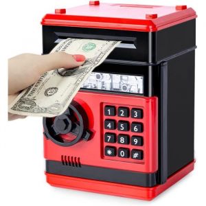 Tirelire Électronique pour EnfantsTirelire Coffre-Fort avec Code Cadeau Enfant 3-12 Ans Garçon Fille Safe Coffre Argent ATM Rouge