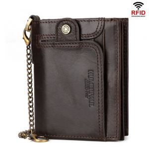 Portefeuille Homme en Cuir Blocage RFID - Marque Couleur - Café - Poche zippée - Portefeuille avec chaîne