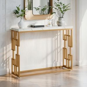 Table console 108×29.5×80 cm - table de canapé moderne imitation marbre blanc table dentrée avec pieds en métal doré