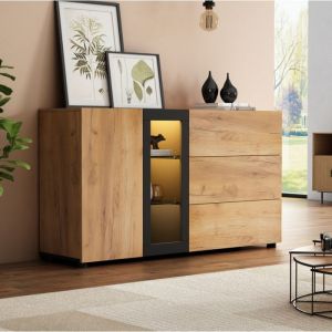 Buffet Salon Bahut Moderne - Grand Buffet Bahut avec Eclairage LED - 1 Portes 3 Tiroirs - Meuble de Rangement - Bois - 140x40x80cm