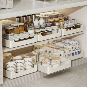 Tiroir Coulissant Cuisine Panier Coulissant pour Placard de CuisineTelescopique Tiroir Cuisine sans PerçageBlanc43x40 x7cm