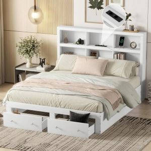 Lit 160x200 cm Lit Combine adulte Lit double bois massif avec 2 tiroirs Blanc