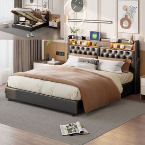 Lit 180x200 cm avec LED et port USB ADWOLT lit coffre 180x200 cm avec sommier &agrave; lattes tissu en simili cuir noir