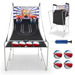 GYMAX Jeu dArcade Basket-Ball Pliable &agrave; Double Panier Tir 8 Mode de Jeu Affichage &Eacute;lectronique 4 Balles Pompe