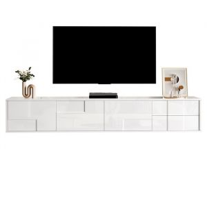 Meuble TV 170 x 30 x 305 cm &ndash; suspendu ou pos&eacute; 3 portes 2 tiroirs MDF + panneau de particules blanc laqu&eacute;