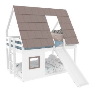 Lit Superpos&eacute; Cabane Bois Blanc et Marron 140x200cm-Avec Toit &Eacute;chelle et Toboggan-Design Ludique Robuste- Sans Matelas- Pour Enfants