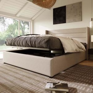 Lit coffre 140x200cm avec sommier à lattes en métal Tête de Lit Capitonnée lin beige