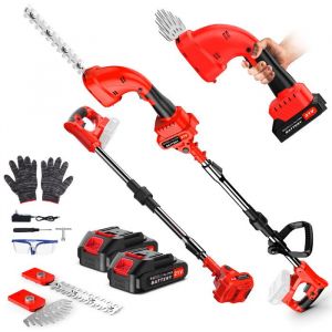 Taille-Haie sur Perche Telescopique Electrique sans Fil 21V 650W avec 2 Batteries Tête Inclinable 2 lames Longueur 200mm/155mm