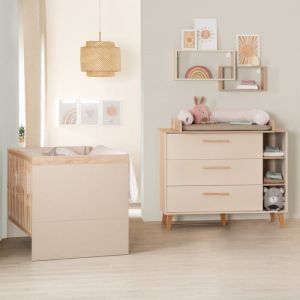 Chambre Bébé Duo Jil - ROBA - Lit Évolutif 70x140 cm et Commode à Langer - Cashmere / Décor Châtaignier