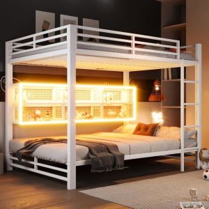 Lit superpos&eacute; 140 x 200 cm avec armoires de rangement lumi&egrave;re LED cadre de lit pour adolescent sans matelasBla LITS SUPERPOSES