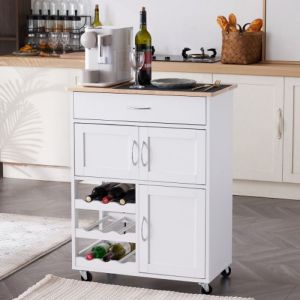 Desserte Cuisine à Roulettes avec Plateau en Bois dHévéa Chariot de Cuisine à Service avec Tiroir et Porte-Bouteilles Blanc