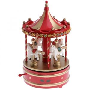 Bo&icirc;te &agrave; musique m&eacute;canique - Vintage - Carrousel &agrave; 4 chevaux - Rouge - 22 cm - Cadeau enfant