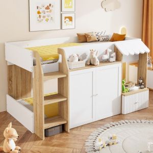 Lit mezzanine enfant 90&times;200 cm Lit mi-hauteur Lit cabane en bois avec portes rangement et sommier &agrave; lattes - blanc