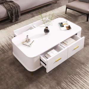 Table basse avec tiroirs et coins arrondis Poignées et pieds dorés MDF Blanc