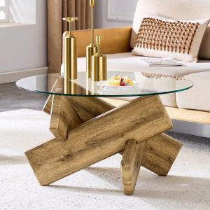 Table Basse Ronde Transparent/Bois 79x79x45cm Cadre Bois Crois&eacute; Cr&eacute;atif Surface Verre Tremp&eacute; 08cm &Eacute;paisseur Mode Simple
