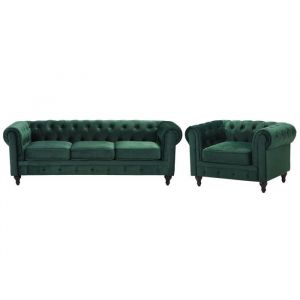 Ensemble canap&eacute; et fauteuil en velours vert 4 places CHESTERFIELD