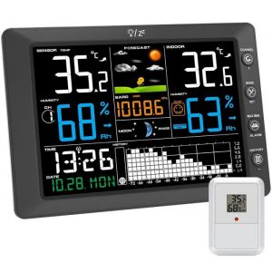 Station Météo Sans Fil Avec Capteur Extérieur Grand Écran CouleurThermomètre Intérieur/ExtérieurHygromètrePrévisions MétéoPort