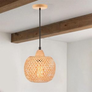 IDEGU Lustre Suspension VintageLampe Luminaire Ajustable en Bambou Designe Rond Plafonnier Style Campagne pour Salon Chambre