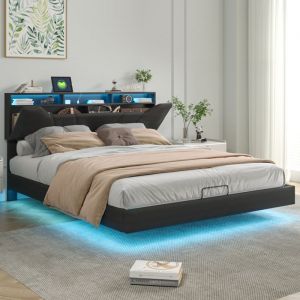 Lit coffre adulte 140x200 cm avec sommier à lattes lit capitonné lit LED coffre de rangement lit 140x200 2 personnes en pu noir