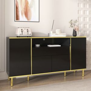 Buffet Bas - Buffet Bahut LED - 4 Portes et 1 Tiroir - B150/T40/H80cm - Noir Finition Brillante - Meubles de Rangement pour Salon