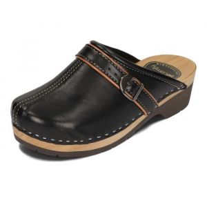 Sabots ferm&eacute;s en cuir et bois naturel pour femmes BeComfy - Noir - Clogs Casual - Lisse
