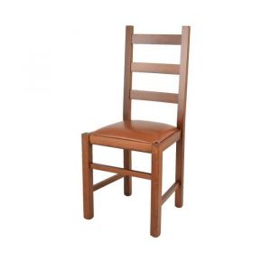 Chaises avec robuste structure en bois de h&ecirc;tre peindr&eacute; en noyer clair et assise rev&ecirc;tue en cuir artificiel couleur cuir clair