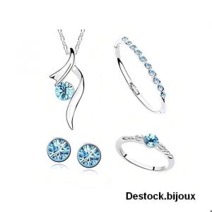 Parure Bijoux - Femme - Bague - Bracelet - Cristal - Autrichien - Turquoise - Plaqu&eacute; Or Blanc 750/1000 - 6 Pi&egrave;ces