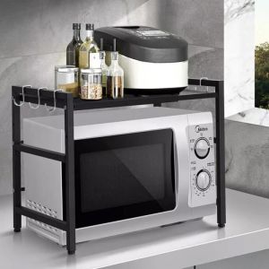 Étagère pour micro-ondes - Capacité de charge élevée - Réglable en longueur et hauteur - Noir