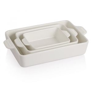 SWEEJAR Plat à Four Rectangulaire en Céramique - Lot de 3 Plat de Cuisson pour Gâteau Pâtisserie Pasta Barbecue - Blanc
