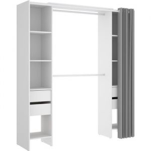 Kit-dressing extensible avec rideau et 4 tiroirs - SUIT - Blanc - L 180-113 x P 50 x H 205 cm