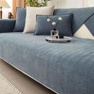 Housse de canapé - AUTREMENT - Modèle en peluche chevron - 110x160 cm - Couleur gris bleu - Déhoussable
