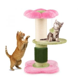 Arbre &agrave; Chat Multi-Niveaux 69 cm COSTWAY Forme de Fleur Plateforme en Peluche Poteau &agrave; Griffer en Sisal Balle Suspendue Rose