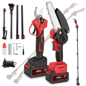 Tronçonneuse Elagueuse électrique sur perche 6 pouce + Sécateur pour branches hautes Rouge - ONEVAN - 2x 3AH Batteries