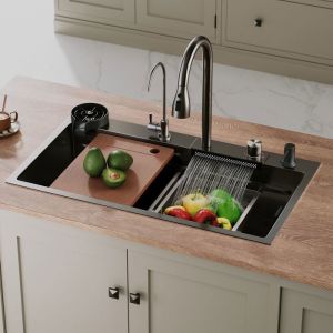 &Eacute;vier de Cuisine - SIRHONA - Evier Inox Noir Graphite Multifonctionnel Avec Robinet de Poisson Volant R&eacute;tractable 80x45cm