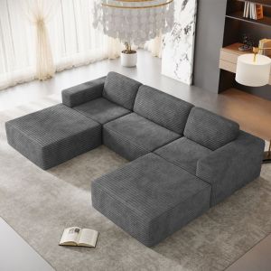 Canap&eacute; 3 places dangle modulable en Velours C&ocirc;tel&eacute; avec 2 pouf et 3 coussins 303x202x82cm Gris