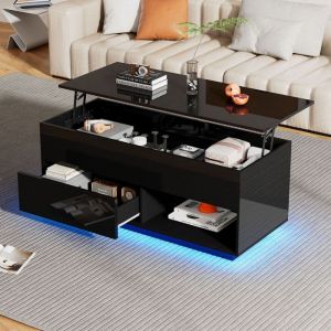 Table Basse Relevable Noir 100x50x55cm avec Ascenseur Hydraulique et Espace de Rangement Idéale pour Petits Espaces