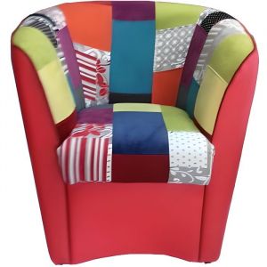 Fauteuil - VALENTINA - Similicuir ROUGE - Tissu patchwork multicolore - Design contemporain - 1 place