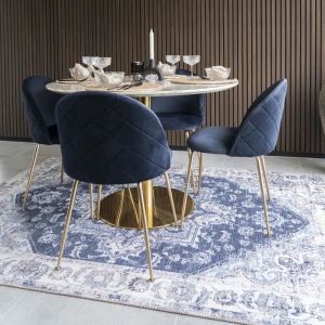 Ensemble table ronde 110 cm blanche et 4 chaises bleues - DERVAL