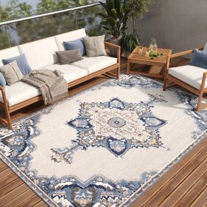 TAPISO Patio Tapis Terrasse Cuisine Chambre Intérieur Extérieur Moderne Bleu Gris Beige Ornement Résistant Sisal 200x300 cm