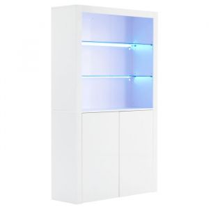 Buffet de Cuisine Haut - Meuble de Rangement avec LED et &Eacute;tag&egrave;res en Verre Tremp&eacute; - Finition Haut Brillant Blanc 100&times;35&times;170 cm