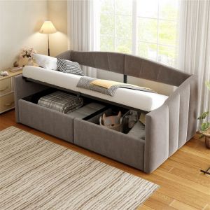 Lit Banquette 90x200 avec Sommier Lit 1 Place Velours Gris Lits pour Adulte Ado avec Coffre Rangement Design Classique à Rayures