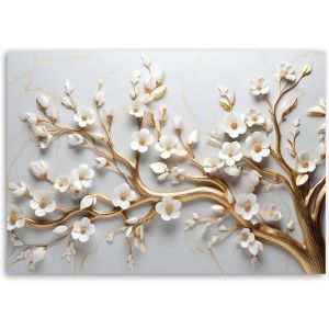 Tableau Décoration Murale 3D Fleur - 90x60 cm - Motif floral - Peinture sur toile - branche dor avec fleurs blanches 2 - Feeby