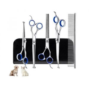 Ciseaux Toilettage Chien Professionnel Kit Acier Inoxydable avec Pointe Ronde Sécurité y Ciseaux à Effiler ChienCiseaux Courbes