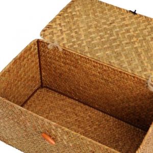 Panier en rotin Panier de rangement en jonc de mer avec couvercle Matériau naturel (Petit 26 cm x 16 cm x 10 cm H)