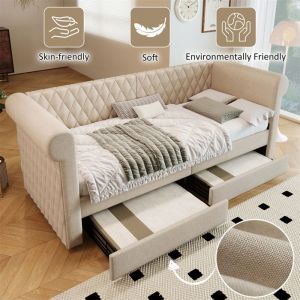 Lit Banquette avec Rangement Lit 1 Place avec Sommier à Lattes en Bois 2 Tiroir Tête de Lit Vintage Lin Beige 90 x 200 cm