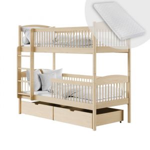 Lit superposé enfant - Matelas inclus - Taille de couchage 80x180 cm - Avec 2 tiroirs - Autres tailles 90x190 / 90x200 - Bois clair