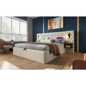 Lit coffre 160x200 cm en velours beige avec t&ecirc;te rembourr&eacute;e et deux chevets liseuses USB/Type‑C &ndash; Style r&eacute;tro